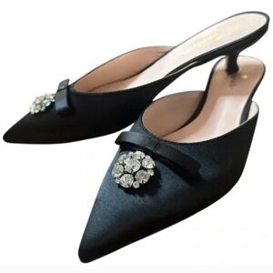 Kate Spade Darlene Black Satin Jewelled Bow Kitten Heel Shoes. NWT.